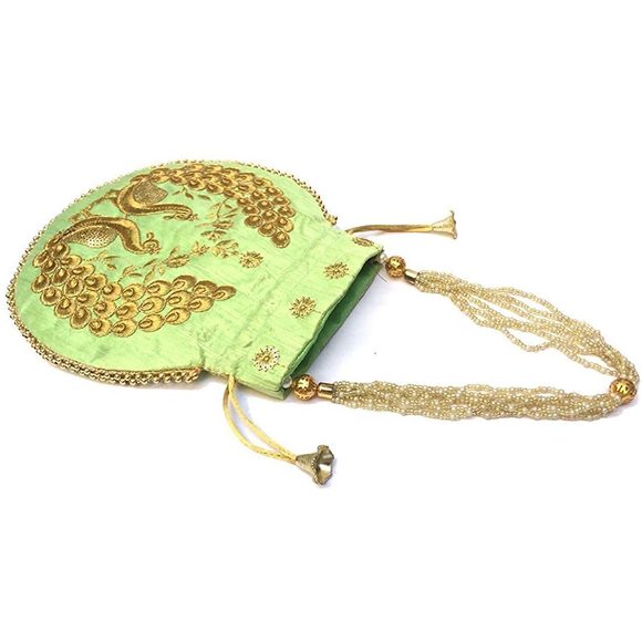 Indian Ethnic Desner Embroidered Silk Mint Green Potli Bag Batwa Pearls ^_^ - Picture 4 of 6